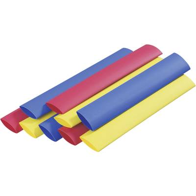 Tien regenbogenbuizen in rood, blauw en geel liggen naast elkaar.