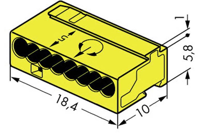 Geel elektrisch onderdeel met zes gaten. Pijlen geven kabelinvoer aan. Afmetingen: 18,4 x 10 x 5,8 mm.