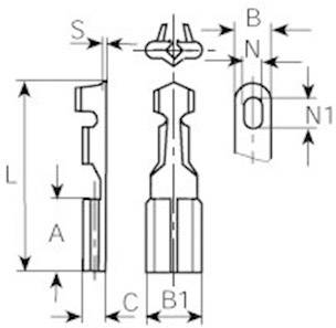 Technische tekening van een stekkerverbinding met maatvoering: S, A, L, C, B1, B, N, N1. Aanzichten: zijaanzicht, vooraanzicht, bovenaanzicht.