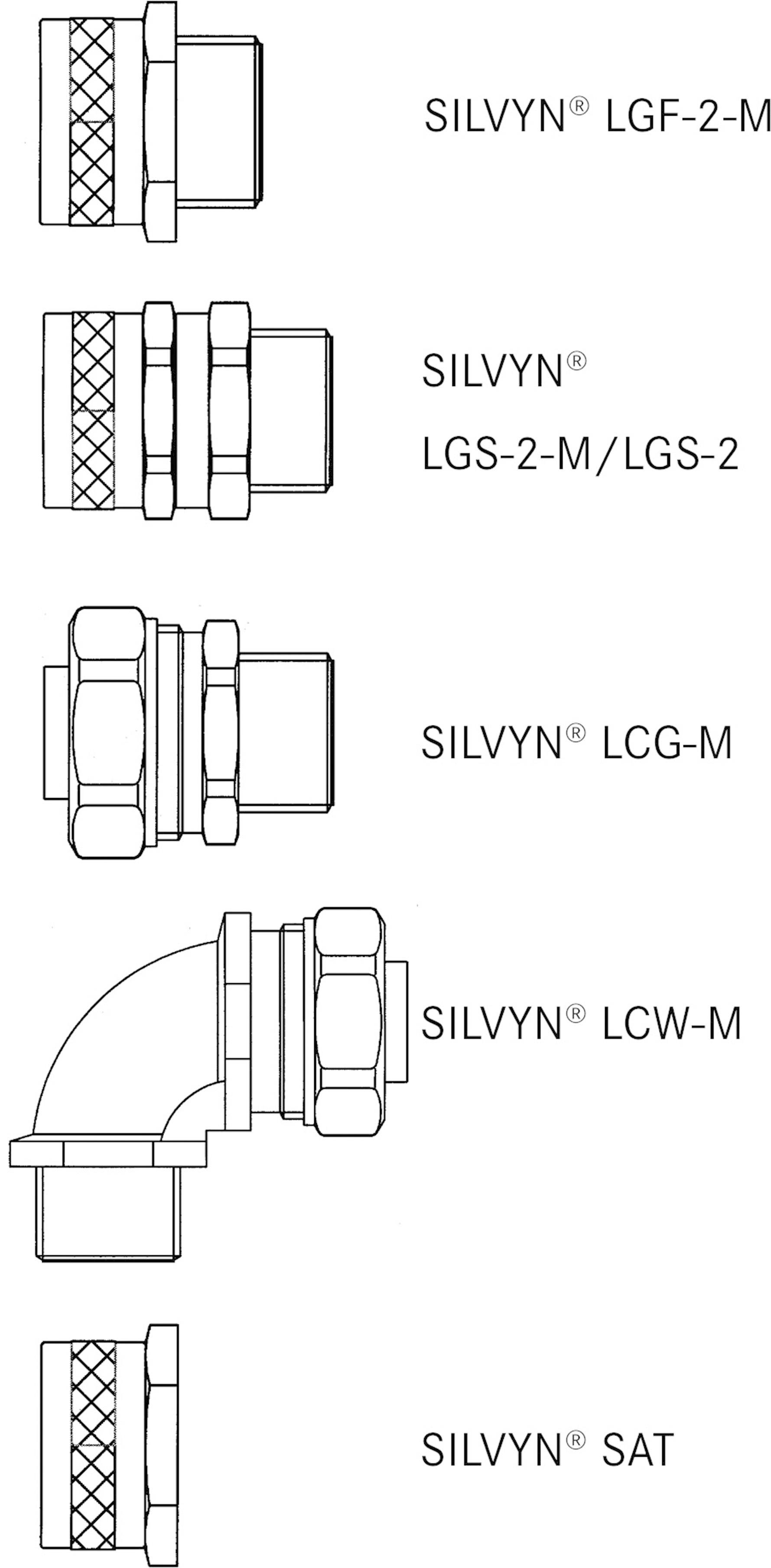 De afbeelding toont vijf Silvyn-kabelwartels (LGF-2-M, LGS-2-M/LGS-2, LCG-M, LCW-M, SAT), met verschillende vormen en uitvoeringen.