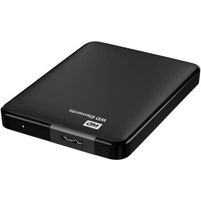 Externe harde schijf van WD Elements in het zwart. Rechthoekig ontwerp met USB-aansluiting aan de voorzijde, voor gegevensopslag.