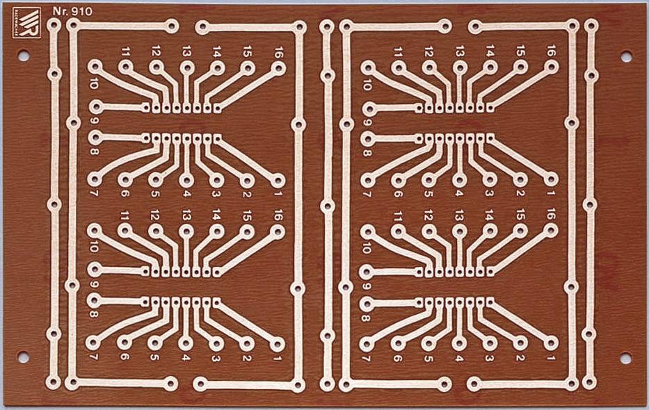 Een bruine printplaat met witte geleidersporen, genummerd van 1 tot 16, voor elektronische verbindingen.