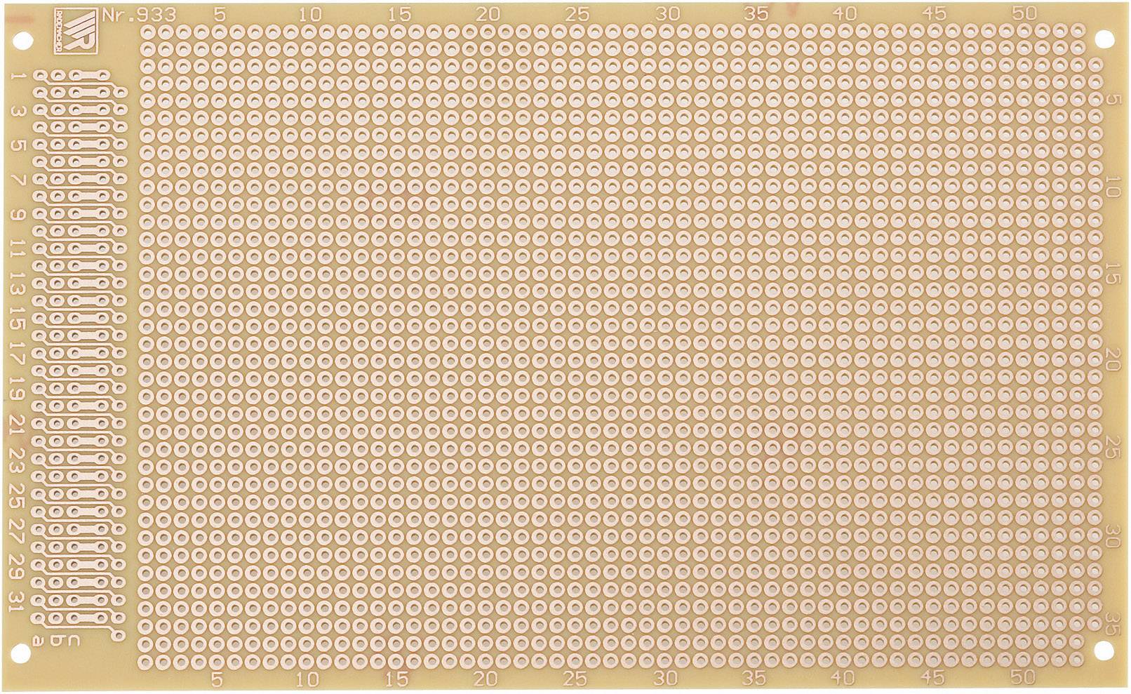 Printplaat met talrijke kleine kopercontactpunten, herkenbaar als prototypeplaat voor het solderen van elektronische componenten.