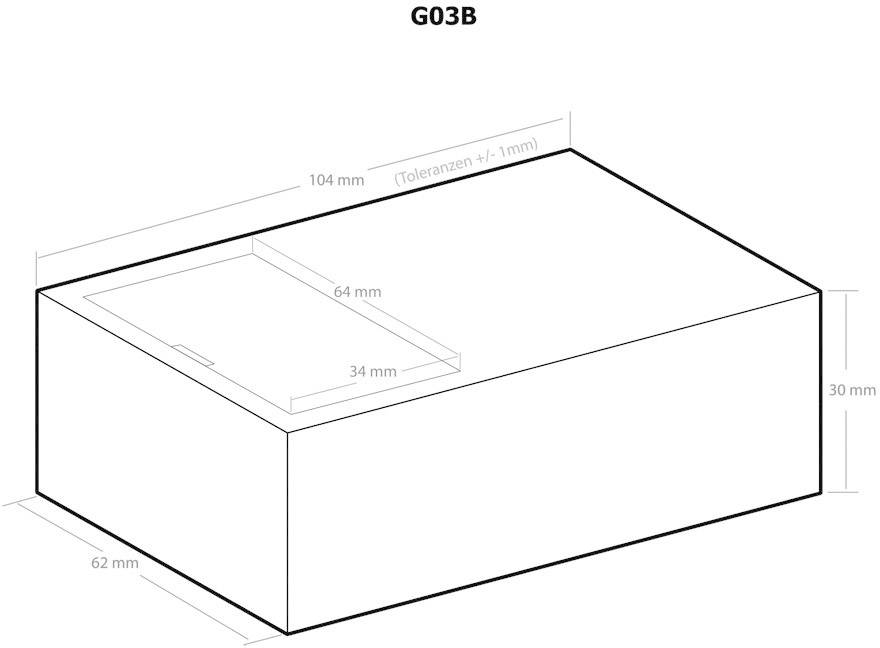 Rechthoekig 3D-blok met afmetingen 104 mm x 62 mm x 30 mm, met rechthoekige uitsparing bovenop van 64 mm x 34 mm.