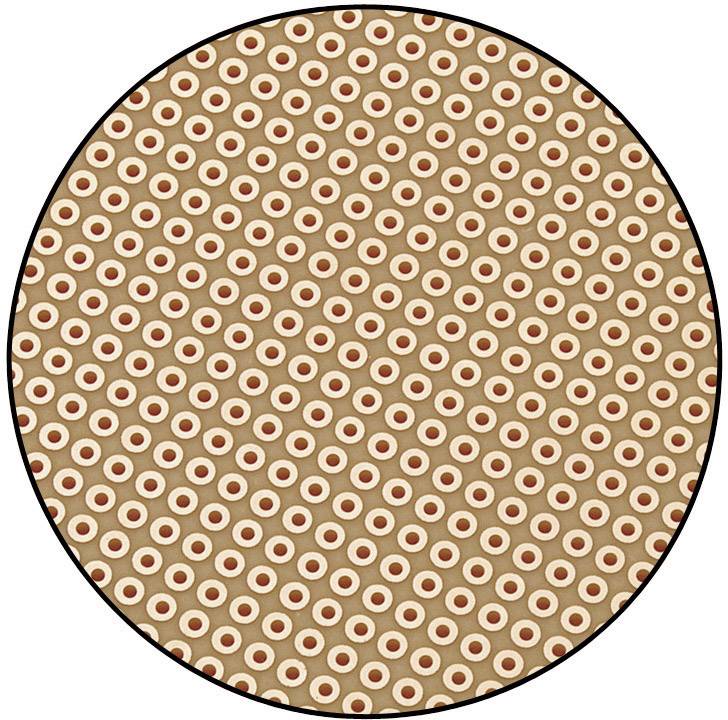 Bruin-beige gestippeld patroon met rode en witte cirkels binnen een cirkel. Bevat herhaalde geometrische vormen.