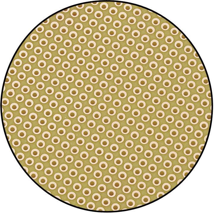 Optische illusie: Cirkelvormig patroon van herhalende gele en rode cirkels op een beige achtergrond, creëert een 3D-effect.