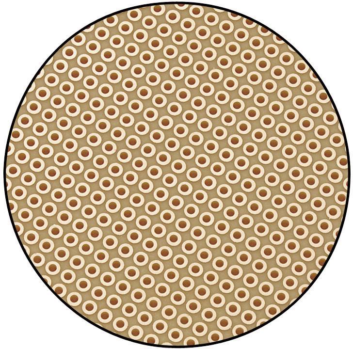 Bruin rond patroon met gelijkmatig verdeelde, donker omrande lichte cirkels. Decoratief en symmetrisch vormgegeven.