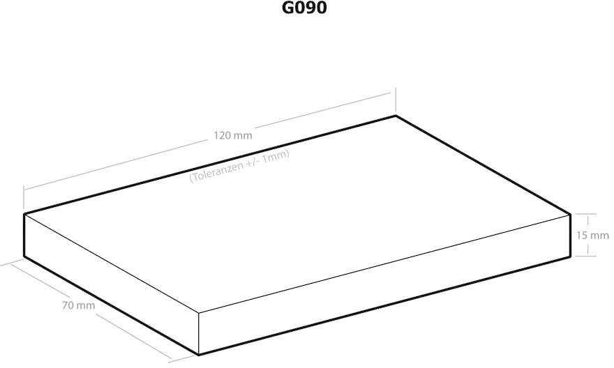 Rechthoekige plaat met afmetingen van 120 mm x 70 mm x 15 mm. Tolerantie ± 1 mm.