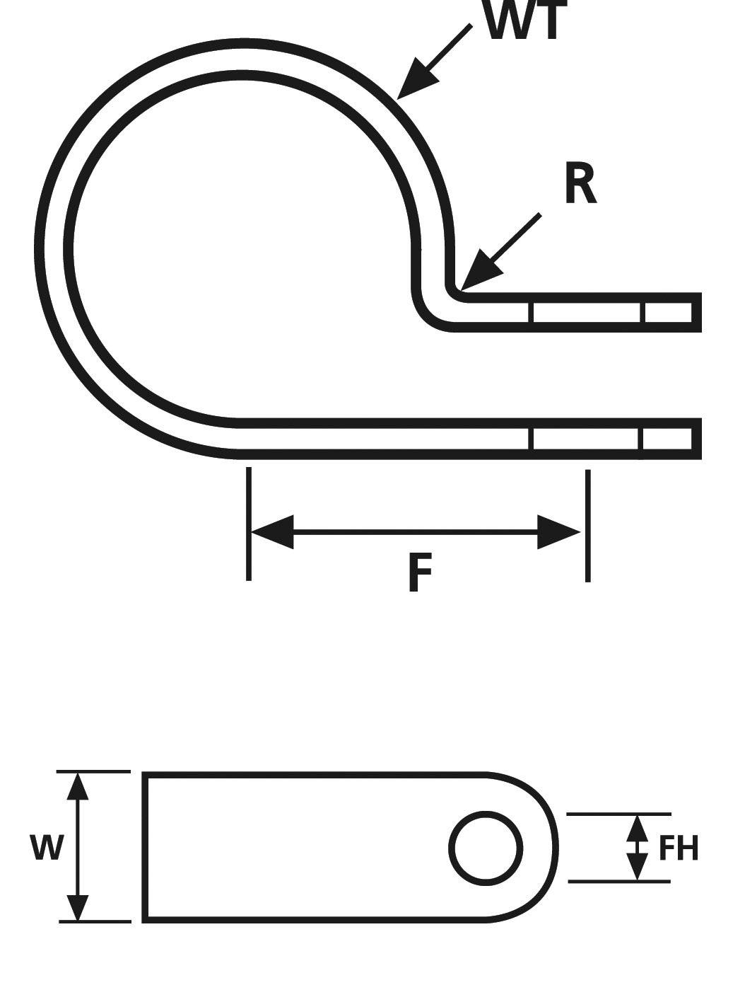 Diagram van een platte draagbeugel met labels: 'WT' (wanddikte), 'R' (radius), 'F' (lengte van het gebogen deel), 'W' (breedte), 'FH' (gatdiameter).