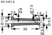 'Schets van een technische tekening met maten en diameters. Centrale component: 35 mm lang, weergegeven met verschillende toleranties.'