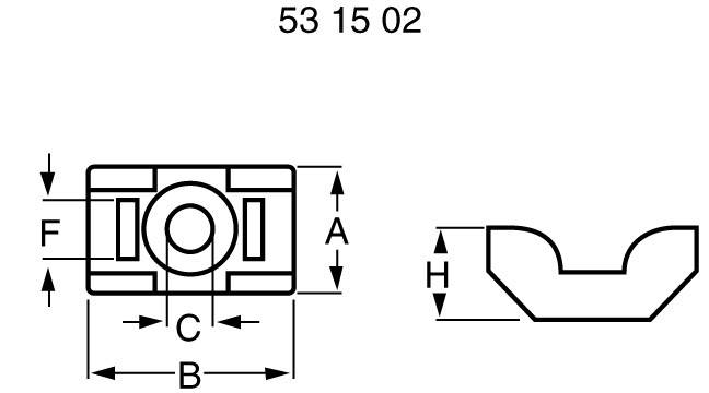 Technische tekening van een component met de afmetingen A, B, C, F, H. Weergave van vooraanzicht en doorsnede, artikelnummer 53 15 02.