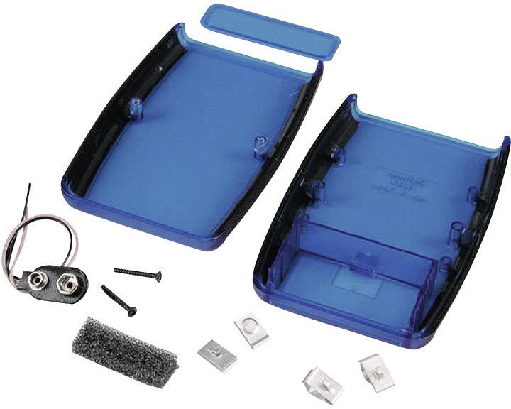 Open blauw plastic behuizing met schuimstof en montagemateriaal, inclusief schroeven en batterijcontactklem.
