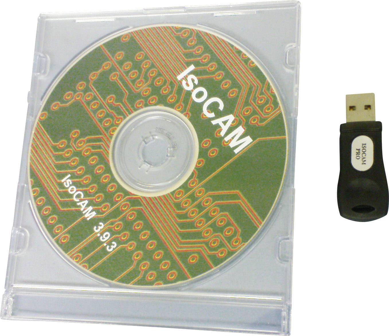 CD in een transparante hoes met de tekst 'IsoCAM 3.93' en een USB-stick met het opschrift 'ISOcam Key'.