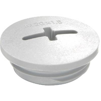 Ronde, grijze kunststof dop met schroefdraad en sleuf voor schroevendraaier, bovenaan gemarkeerd met 'M20x1,5', voor het afdichten van openingen.