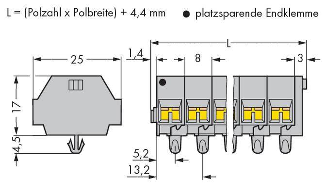 Technische tekening van een connector met vijf polen, gemarkeerd met afmetingen en tekst: 'L = (Aantal polen x Poolbreedte) + 4,4 mm'.