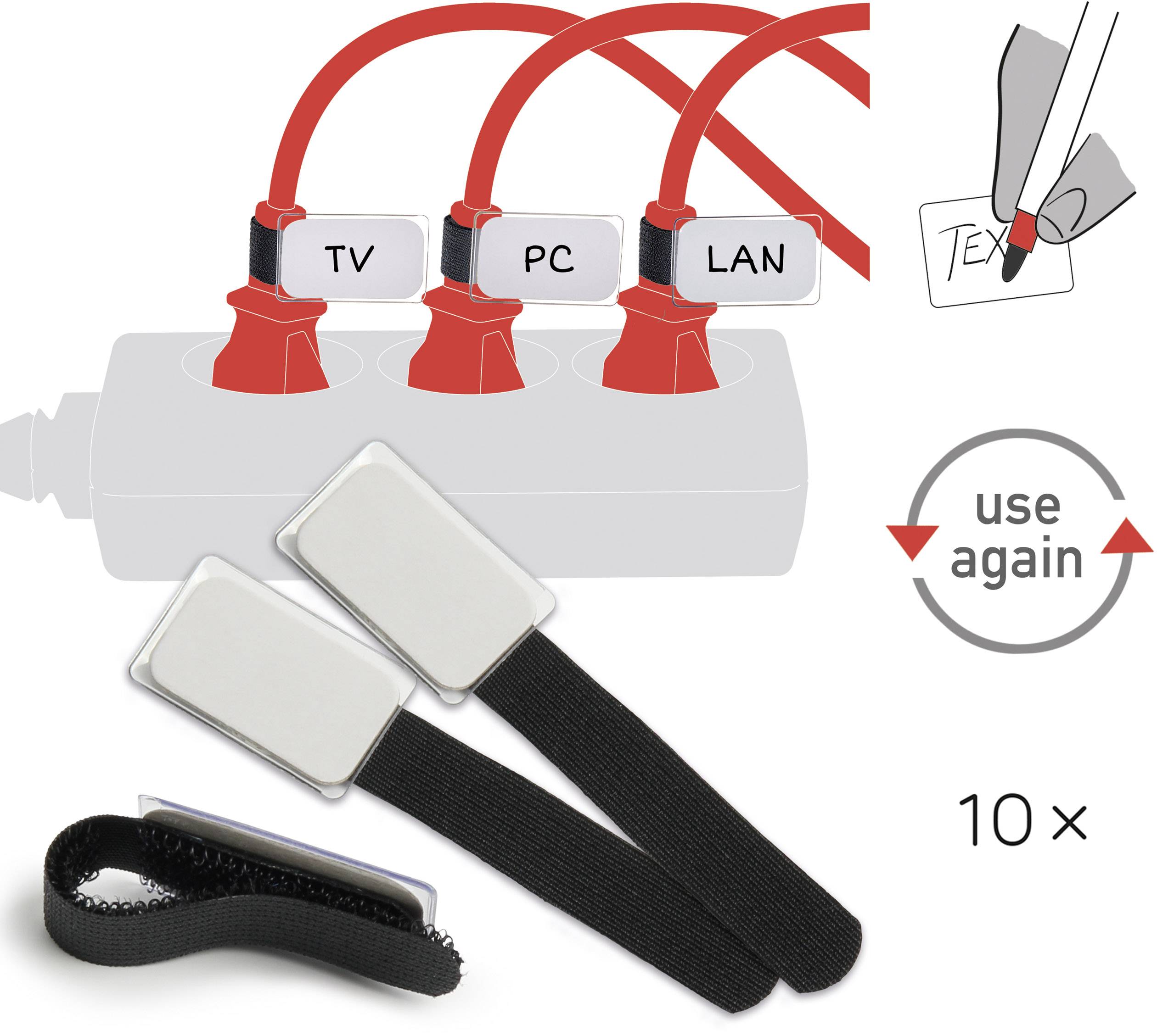 Stekkerdoos met gelabelde kabels 'TV', 'PC', 'LAN'. Handmatig label aangebracht. Tien herbruikbare klittenbandje getoond.
