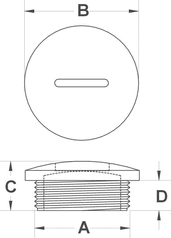 Technische tekening van een ronde kop schroefstekker met schroefdraad. Breedte boven (B) en onder (A), hoogte (C) en schroefdraaddiepte (D) zijn aangegeven.