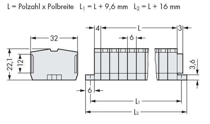 Technische tekening van een stekkerverbinding. Toont aantal polen x poolbreedte, lengteformules (L1 = L + 9,6 mm, L2 = L + 16 mm), en afmetingen.