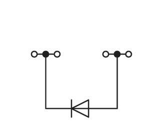 Schakelsymbool toont een diode in de voorwaartse richting. Links en rechts bevinden zich verbindingspunten die elektrische leidingen voorstellen.