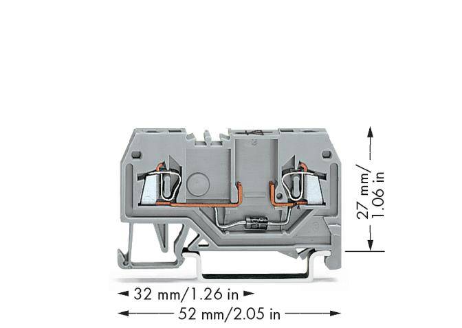 Grijze aansluitklem met afmetingen: 32 mm breedte, 52 mm lengte, 27 mm hoogte. Bevat twee metalen verbindingselementen.