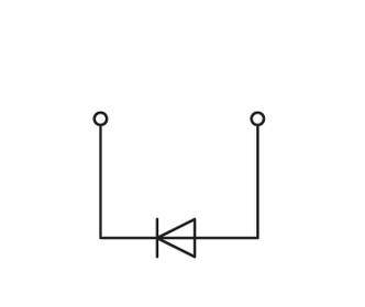 Schakelschema met een diode tussen twee verbindingspunten, toont stroomrichting van links naar rechts.