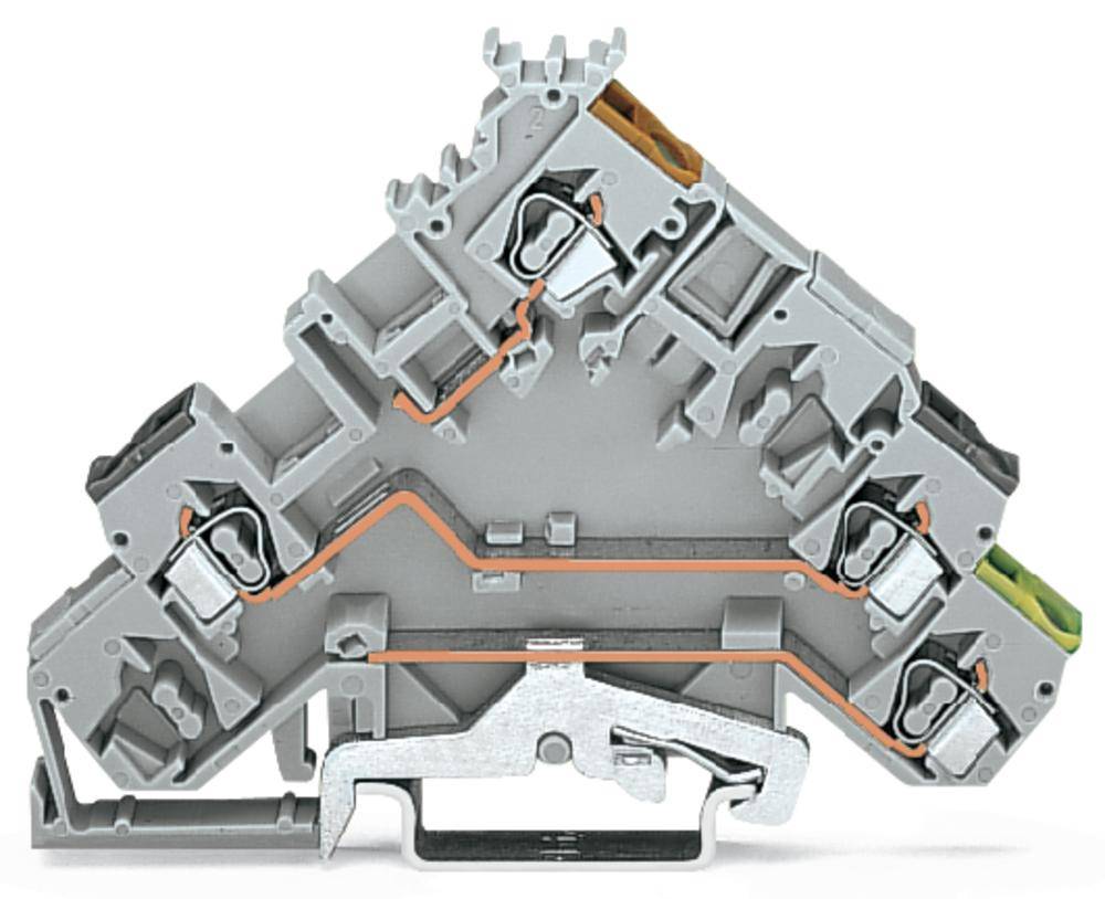 Rij-klem met meerdere aansluitingsmogelijkheden en oranje interne verbindingen. Typerend voor industriële elektro-installaties.