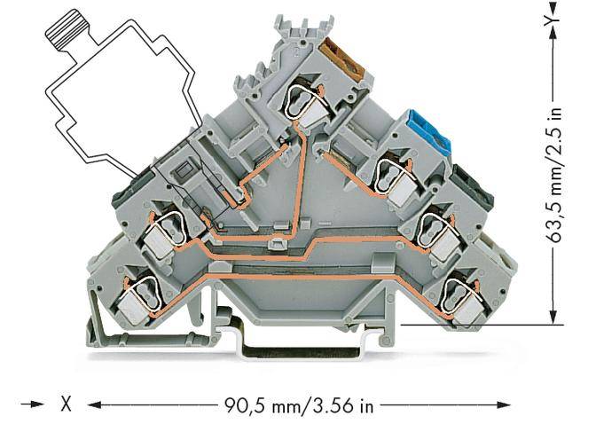 Elektrische stekkerverbinding met afmetingen van 90,5 mm x 63,5 mm. Dwarsaanzicht toont interne klemmen en draadaansluitingen.