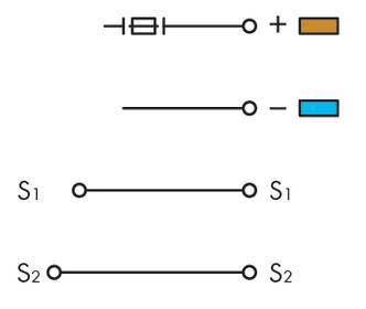 Schakelschema van een eenvoudige stroomkring met batterij, schakelaars S1 en S2, plus- en minuspolen, en weerstand.