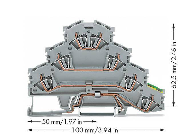Grijze elektrische stekkerverbinding met drie verdiepingen, voorzien van koperaders, ideaal voor plaatsbesparende bedrading. Afmetingen: 50 x 100 x 62,5 mm.