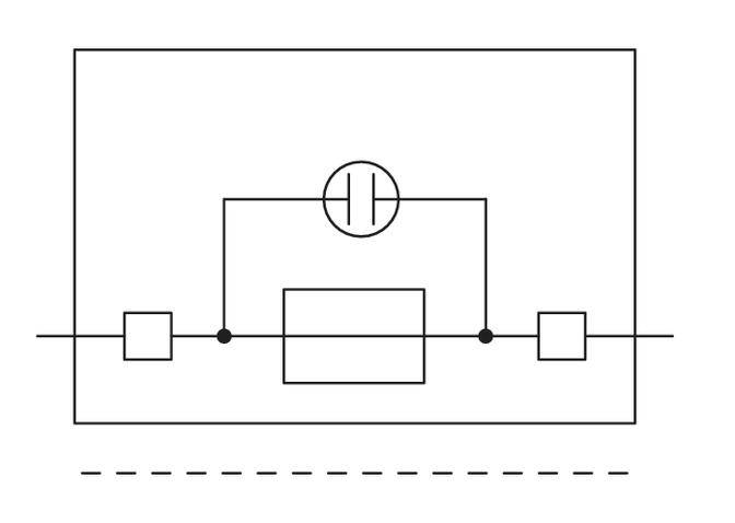 Schakelschema van een elektrisch systeem: Twee schakelaars, een weerstand en een condensator die in serie zijn geschakeld.