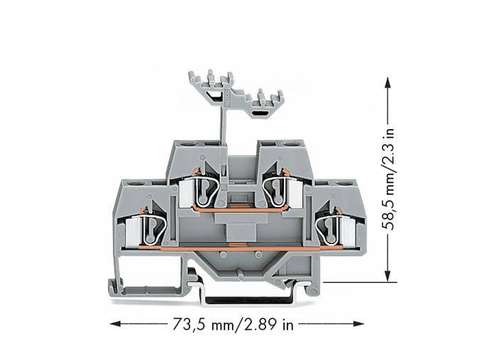Een grijze elektrische connector met koperaders; afmetingen: 73,5 mm x 58,5 mm.