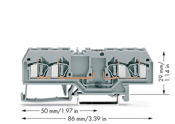 Grijze elektrische aansluitblok met twee klemmen, afgebeeld met de afmetingen: 29 mm hoog, 50 mm lang, 86 mm breed.
