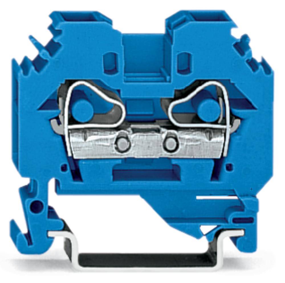 Een blauwe zekeringhouder met metalen contacten die mechanische en elektrische verbindingen mogelijk maakt.
