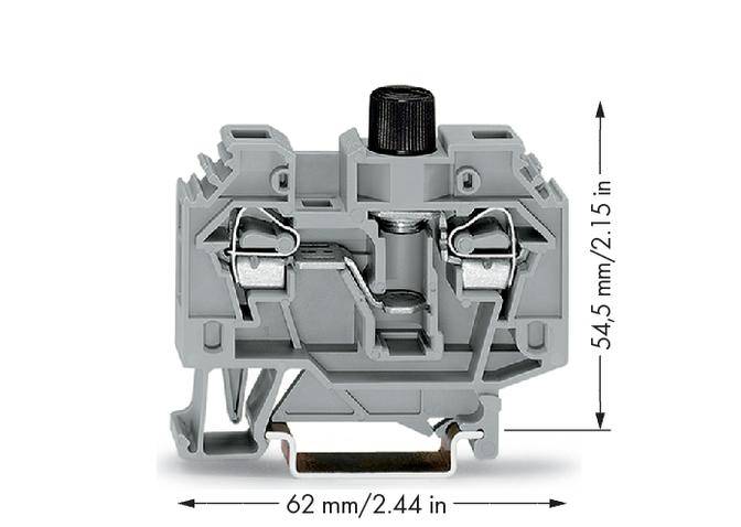 Grijze elektrische schakelaar met trekveerklem, zwarte draaiknop bovenaan. Afmetingen: 62 mm breed, 54,5 mm hoog.