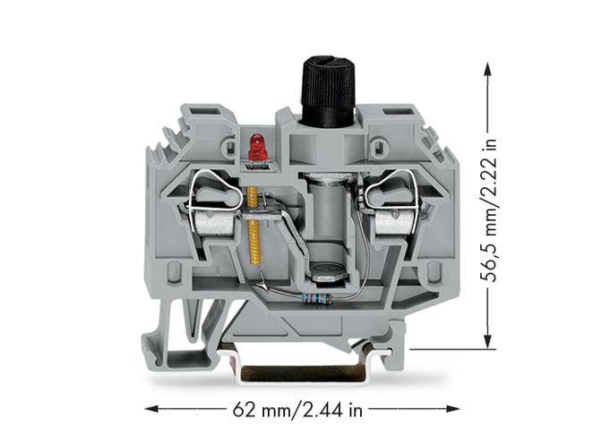 Grijs elektrisch aansluitonderdeel met zwarte knop bovenop. Afmetingen: 62 mm breedte, 56,5 mm hoogte. Bevat rode en gele indicatoren.