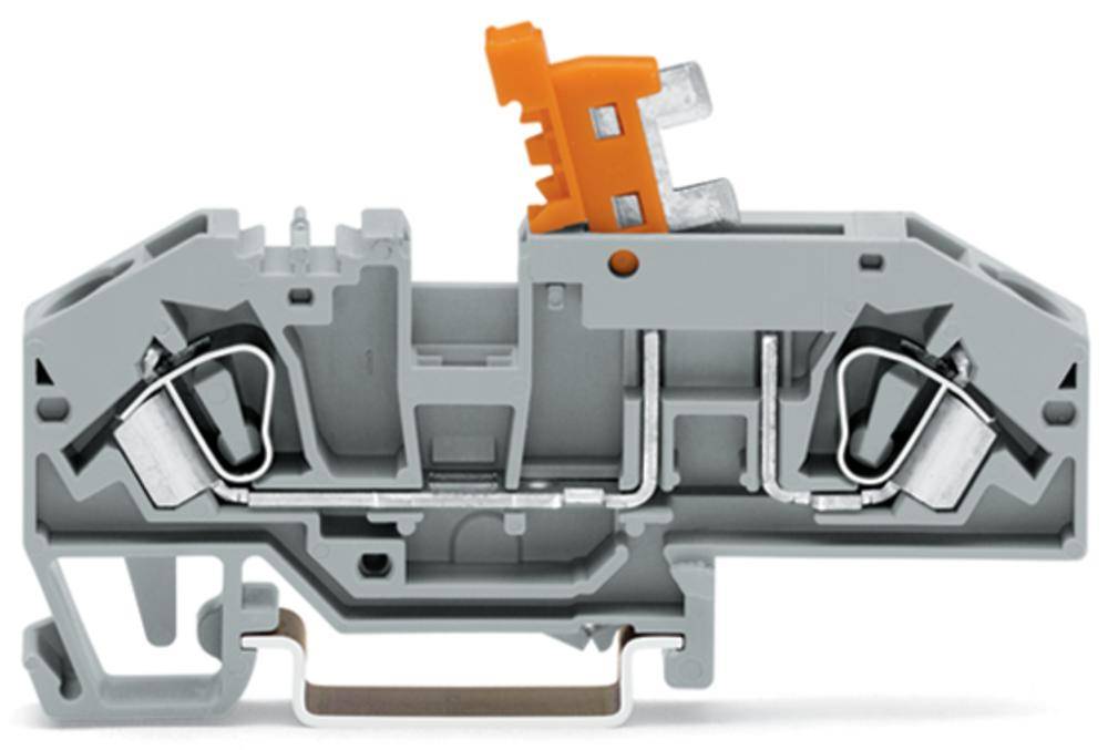 Een grijze aansluitklem met een oranje hendel. Hij toont de interne constructie met metalen contacten en een kunststof behuizing.