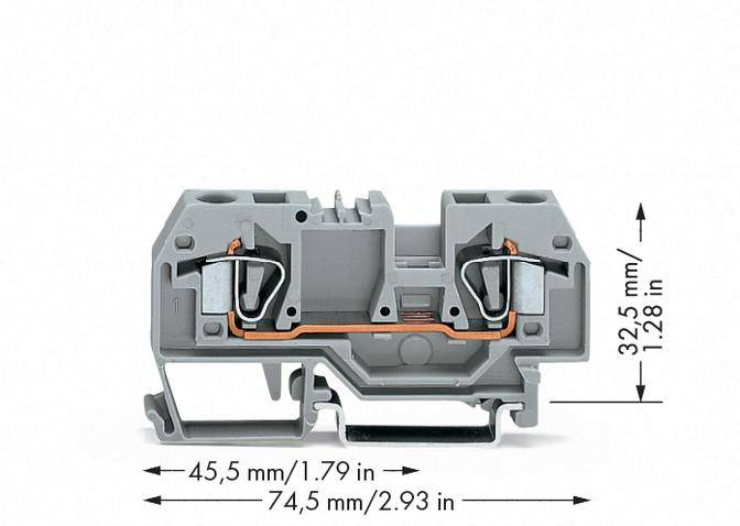 Grijze aansluitklem met afmetingen: 32,5 mm hoogte, 45,5 mm breedte. Dient voor elektrische aansluiting van leidingen op DIN-rail.