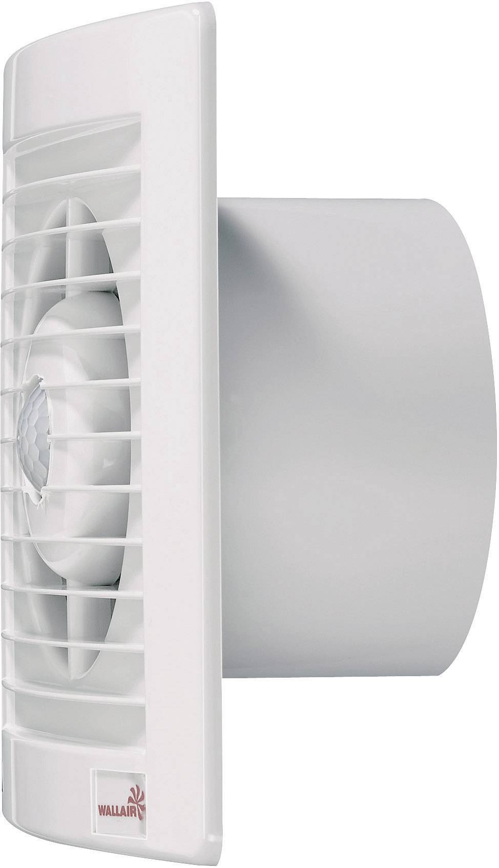 Zijaanzicht op een witte muurventilator met zichtbaar rooster voor luchttoevoer. Geschikt voor ventilatie van binnenruimtes.