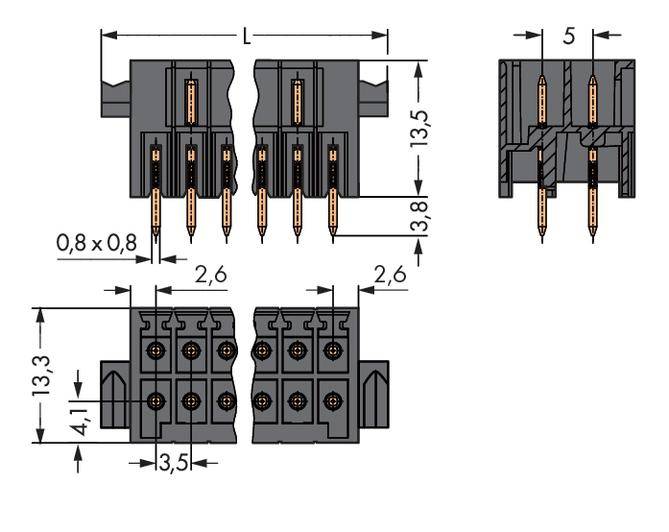 Steckverbinderdiagram met maatvoering in millimeters: breedte 2,6 mm, hoogte 13,3 mm, dieptemetingen 3,8 mm en 3,5 mm.