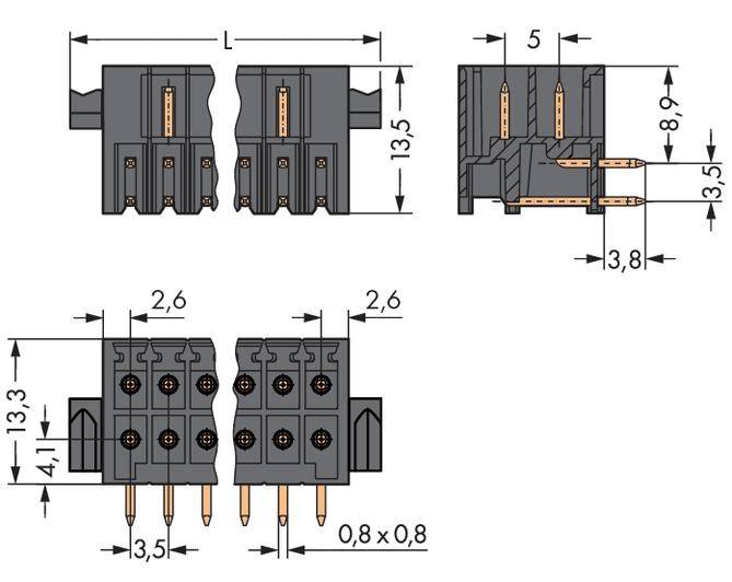 Stekerdiagram met afmetingen: Lengtematen van 4,1, 8,9, 2,6 en 13,5 mm. Details van de stekkerverbinding en pinindeling weergegeven.