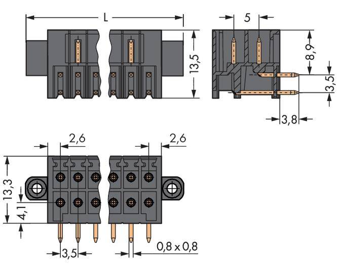 Technische tekening van een stekkerverbinding met afmetingen in millimeters. Toont verschillende aanzichten en afmetingen voor constructie en montage.