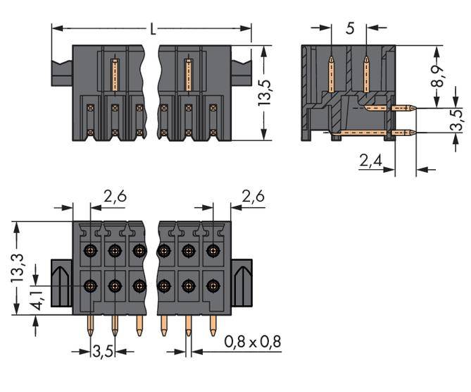 Technische tekening toont de afmetingen van een elektrische connector met voor- en zijaanzicht, verschoven contacten.
