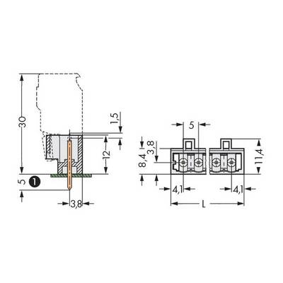 Technische tekening van een elektrische stekkerverbinding met afmetingen: hoogte 30 mm, breedte 12 mm, drie pinnen, afstand tussen pinnen 5 mm.