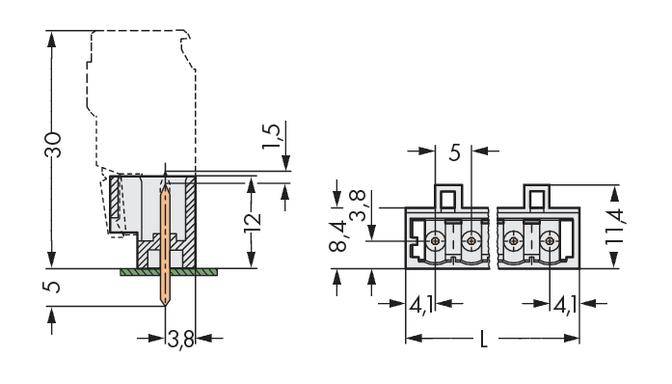 'Technische tekening van een tweerijige connector met maatspecificaties: hoogte 30 mm, breedte 12 mm, lengte variabel. Bovenaanzicht en zijaanzicht weergegeven.'