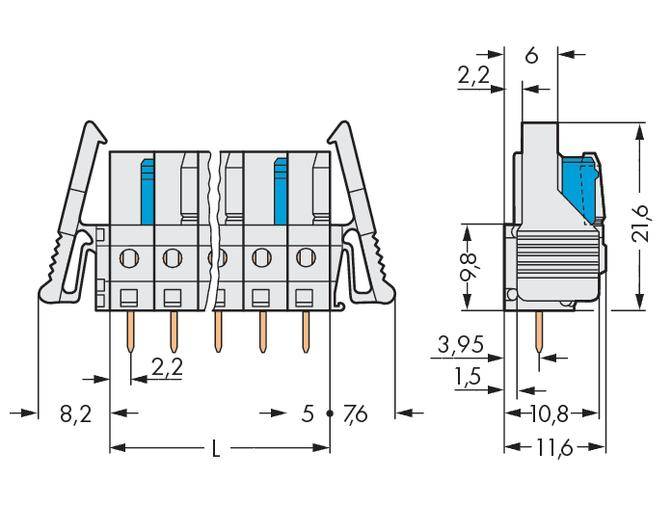 'Technische tekening van een connector met afmetingen in millimeters; toont voor- en zijaanzicht met lengtematen en details.'