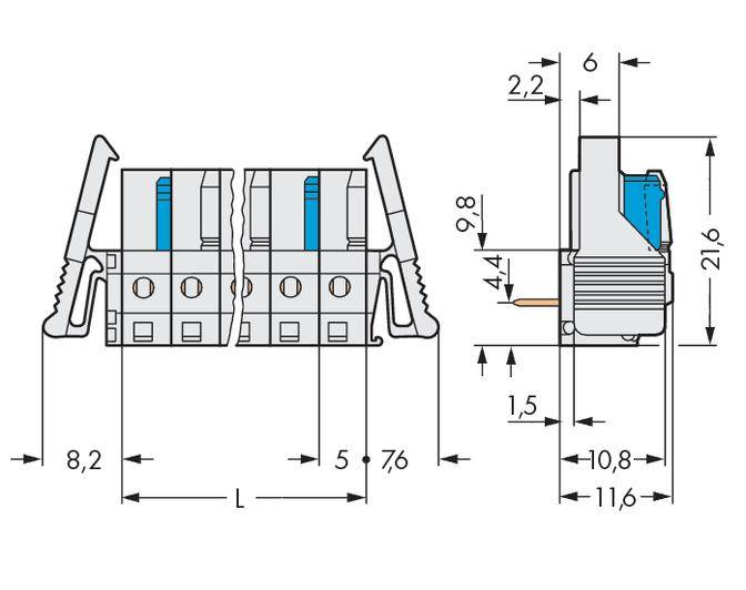 Tekening van een tweepolige elektrische stekkerverbinding met afmetingen in millimeters. Toont voor- en zijaanzicht.