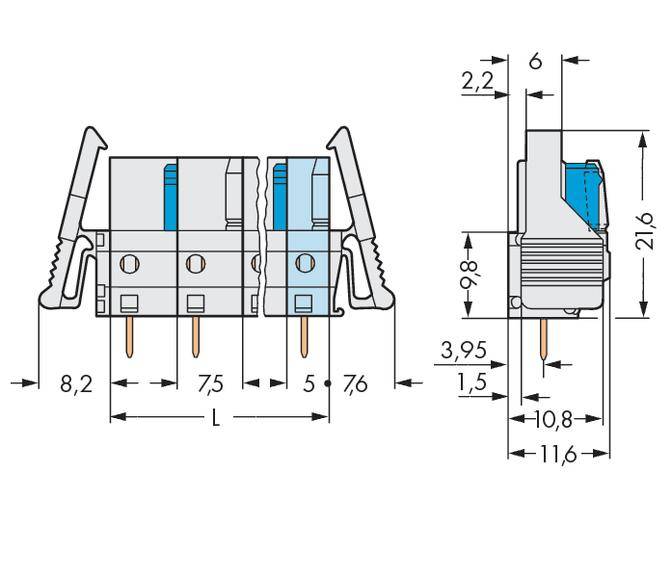 Mechanische tekening van een elektrische connector met gedetailleerde afmetingen in millimeters.