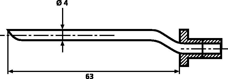 Technische tekening van een buis met afmetingen: lengte 63 mm, diameter 4 mm. De buis heeft een gebogen en een flensachtige zijde.