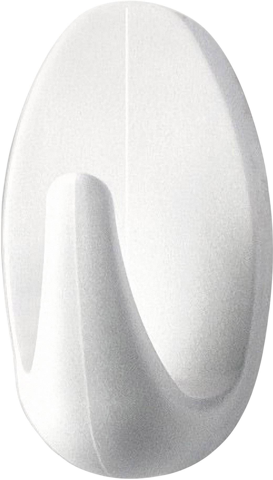 Een witte, ovale wandhaak van kunststof met een licht gebogen vorm, geschikt voor het ophangen van lichte voorwerpen.