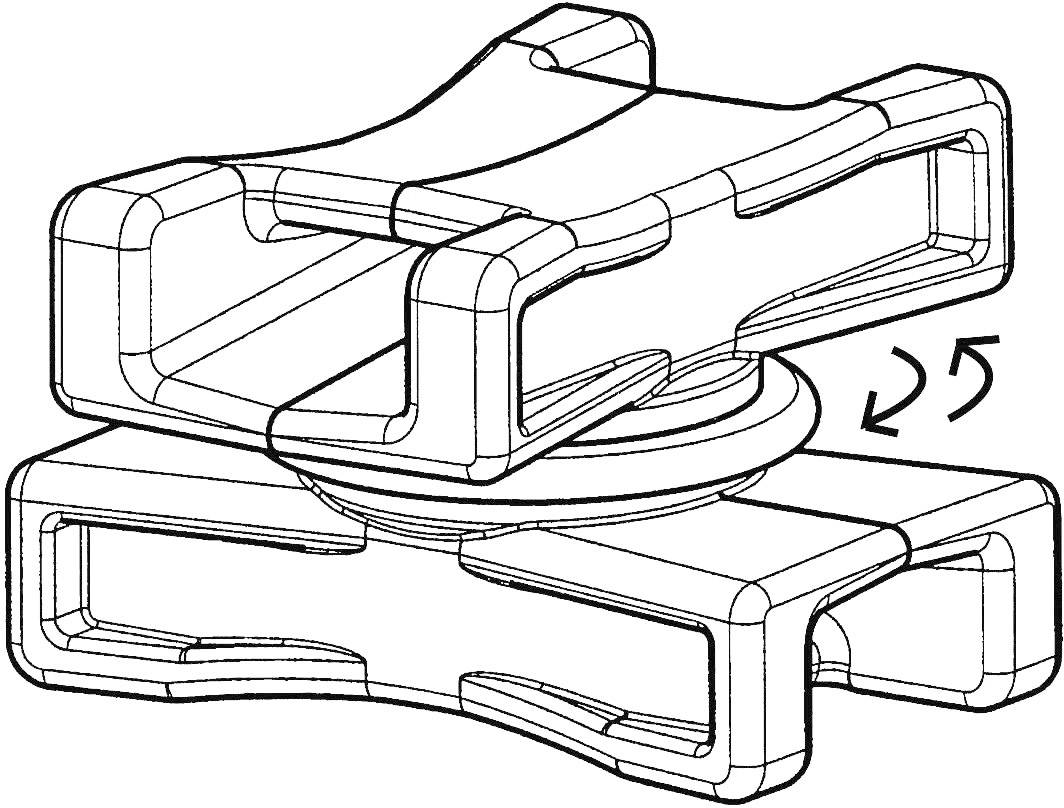 Technische tekening van een roterend gewrichtsstuk met een pijl die de bewegingsrichting aangeeft.
